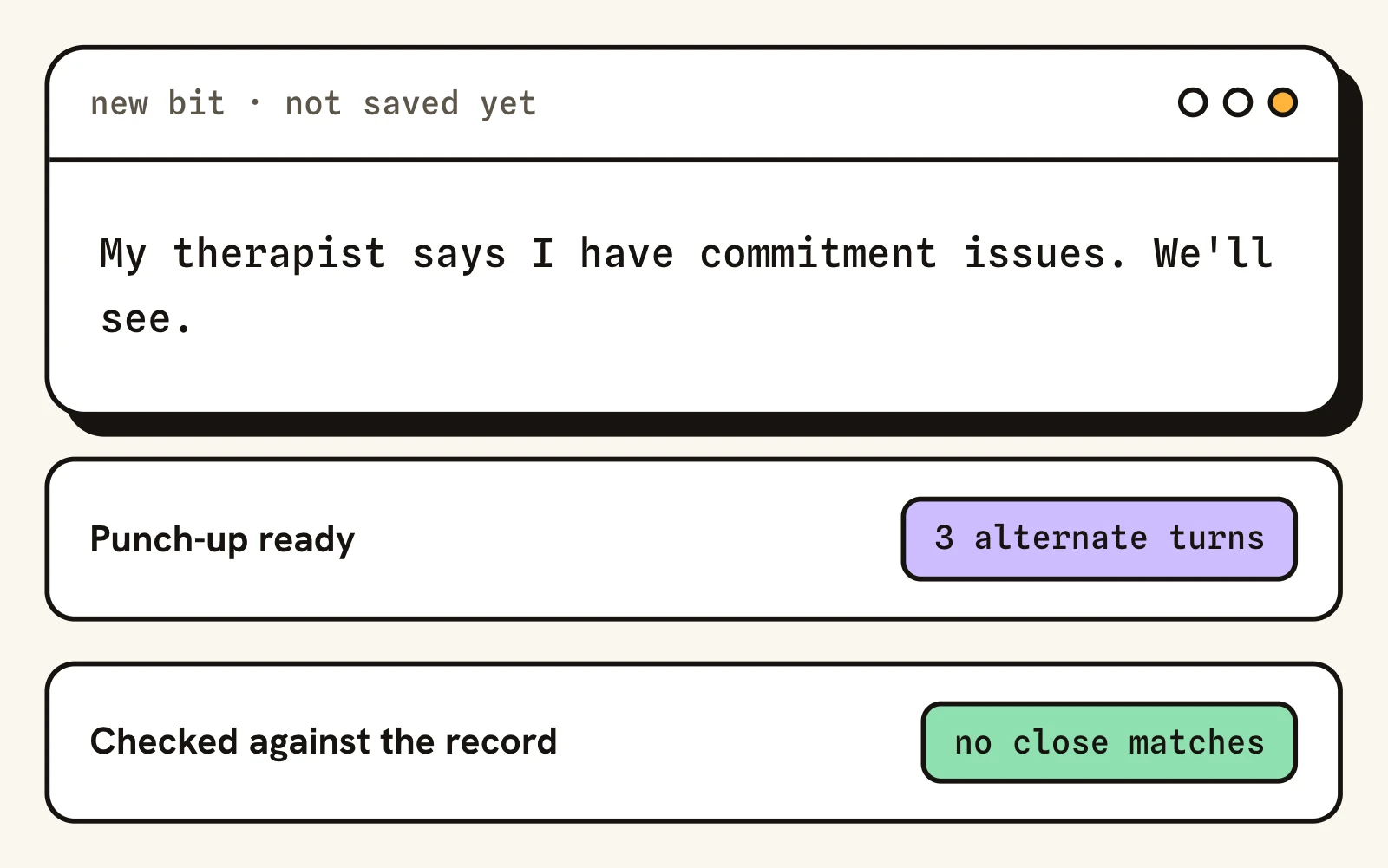 The DejaBit notebook with a draft bit, punch up ready and checked against the record