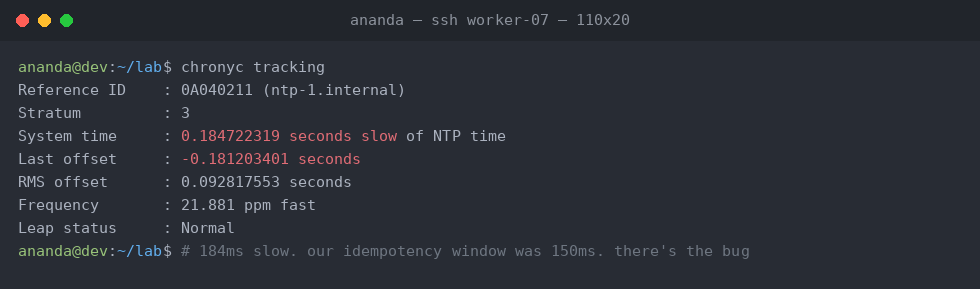 chronyc tracking output on worker-07 reporting the system clock 0.184722319 seconds slow of NTP time, with a last offset of -0.181203401 seconds.