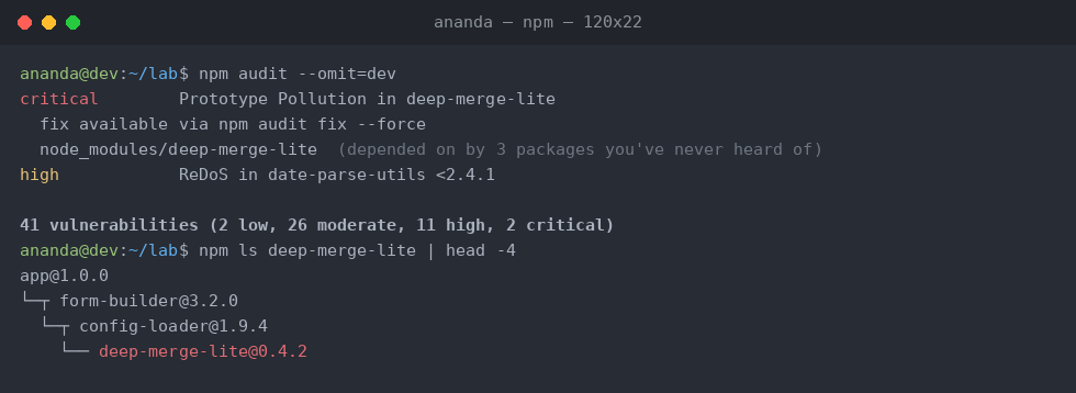 npm audit reporting 41 vulnerabilities including a critical prototype pollution bug in deep-merge-lite, and an npm ls tree showing it pulled in three levels deep beneath the form builder.