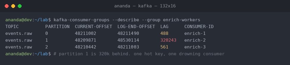kafka-consumer-groups output for the enrich-workers group. Partitions 0 and 2 sit a few hundred messages behind while partition 1 lags 320,243 messages.
